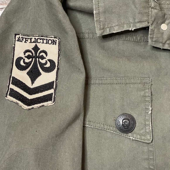 Vintage Y2K Affliction Jacket Men XL Army Green Military Biker Skull Grunge - Picture 12 of 13